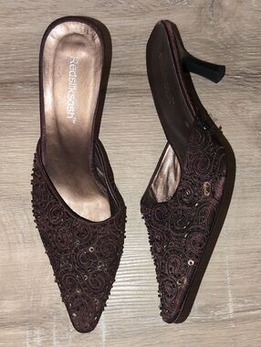 Women's Brown Embellished Pointed Mule Heels EU39/ US 8.5